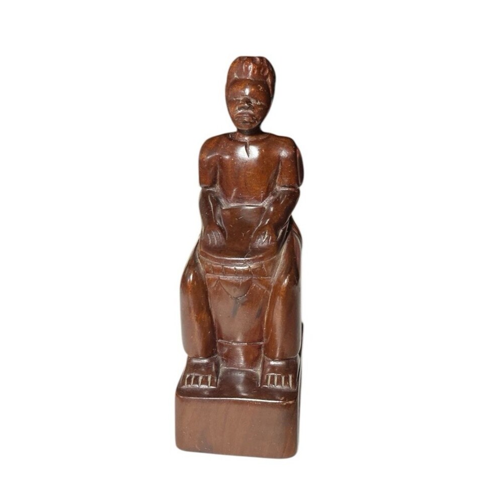 Vintage Pantalcraft Haitian Hand Carved Mahogany Sculpture Man Drum Folk Art 8"